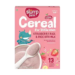 Slurrp Farm Baby Cereal, Ragi, Rice and Strawberry with Milk, Instant Healthy Food, NO Sugar NO Salt, Made with Natural Grains and Dates Powder, 200 g