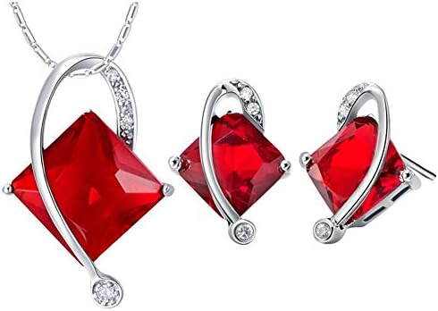 Layla Jewellery 18k White Gold Plated Alloy Swarovski Elements Crystal Jewelry Set include Pendant Necklace and Stud Earrings for Ladies Red(Rectangular)