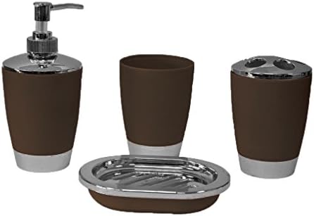 4Pc Plastic elegant Bathroom Accessory Set Soap Dish Dispenser Toothbrush Holder (Brown)