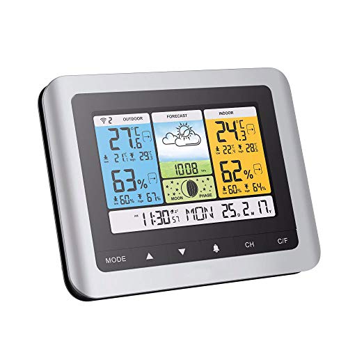 Preisvergleich Produktbild KCDE Wetterstation Funk AußEnsensorRaumthermometerThermometer Hygrometer, Funksensor Mondphasenvorhersage Farbbildschirm Innen- Und AußEnluftdruckkalender Alarmelektronik