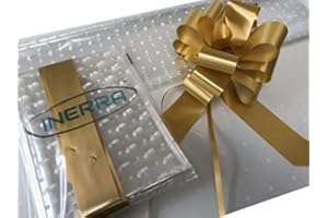 INERRA Gift/Hamper Wrapping Kit - 2 Metres White Dot Film Wrap (Folded) & 14 Loop 7" Bow - Large Colour Range (Gold)