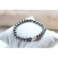 Edles Perlenarmband für Herren mit Kreuz in anthrazit grau Perlenarmband Herren Damen modern Bracelet Armband dehnbar