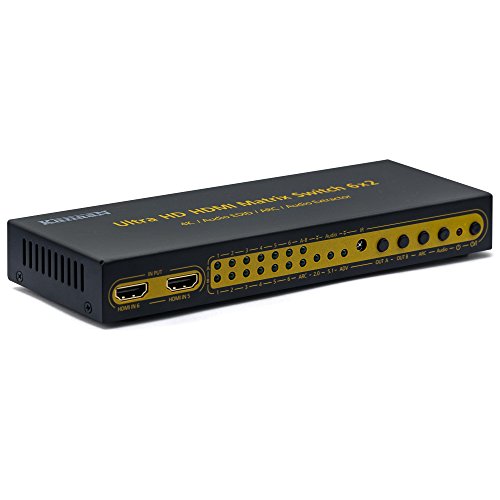 Leicke KanaaN 4K UltraHD HDMI 6x2 Matrix Switch | Fernbedienung | 5.1 Surround SPDIF optisch + Stereo 3.5mm Klinke Audioausgang | ARC und PIP | FullHD, UHD, 4K, 4K*2K kompatibel | HDMI 1.4 Standard