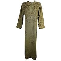 Mogul Interior Womens Maxi Dress Floral Embroidered Medieval Boho Dress Large (46, Green)