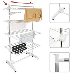 Todeco - Etendoir à Linge, Etendage à Linge - Matériau: Tubes en acier inoxydable - Charge maximale: 3 kg par barre de support - 4 étagères, Blanc, avec ailes et barre supérieure