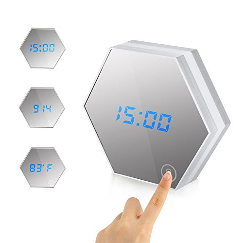 Preisvergleich Produktbild ANGGO Wecker, Multifunktion Schminkspiegel Lichtwecker Nachtlicht Tischleuchte mit LED Digital Thermometer (Silber)