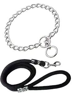 Adios Dog Belt Combo of 17 inch Dog Choke Chain with Black Lead Specially for Small Breed Dog Collar & Leash