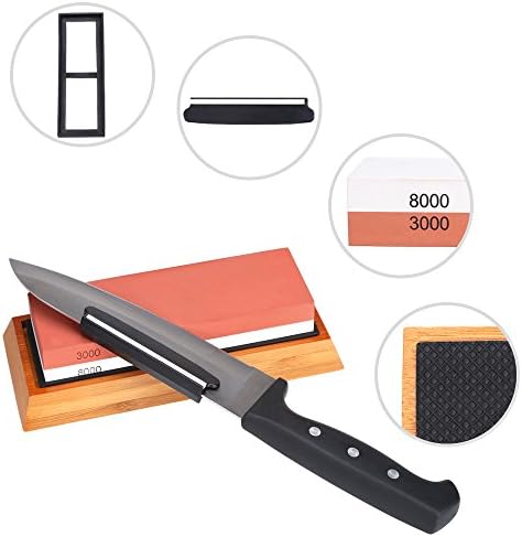 Whetstone, Knife Sharpening Stone 3000/8000 Grit Combination Professional | Wood Base | Non-slip Silicone Base Holder with 4 Pieces for Kitchen, Hunting