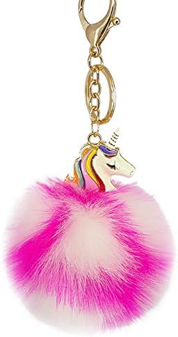 Fleetwood Storms Bag Hang Decor Unicorn Fluffy Artificial Fur Pompom Pendant Key Chain Key Ring(Pink & White)
