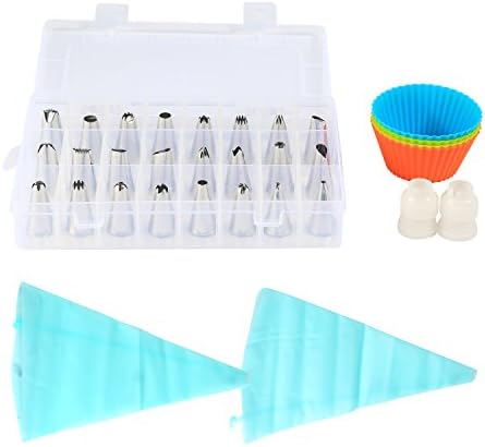 Cake Piping Tips Kit, Ballery Cake Decorating Set With 28 Icing Nozzles, 2 Reusable Piping Bags, 2 Couplers, 10 Disposable Piping Bags and 4 Silicone Cupcake Moulds for Cakes Cookies Pastry
