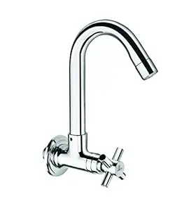 TNL NEO Sink Cock Wall Mounted Quarter Turn Brass Bib Cock Pure Brass Kitchen Sink Bib Tap with Water Saving Aerator Foam Flow System Kitchen Swan Neck Bib Cock (Chrome Finish)