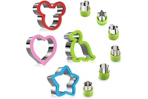 RUUKON Set di formine per sandwich in acciaio inossidabile per bambini, 4 formine per pane Topolino, dinosauro, stella, a forma di cuore e 6 pezzi taglierina per frutta e verdura taglierina per crostate