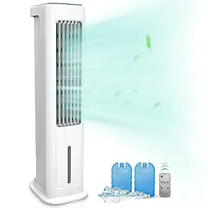 Evaporative Air Cooler, Portable Tower Fan and Humidifier, 1.3 Gal Water Tank, 3 Wind Speeds & 3 Modes, 50? Oscillation, 12H Timer, Remote Control, Sunday Living Quiet Swamp Cooler for Room Office, 2 Ice Packs