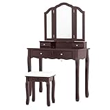 mecor Grande Coiffeuse Moderne - 3 Miroirs- Table en Bois de Maquillage avec 4 Tiroirs et Tabouret Solide