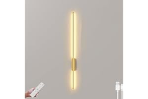 LOGT Akumulatorowa Lampa Ścienna Wewnętrzna Bez Podłączenia do Sieci Długa Diodowa Lampa Ścienna LED Z Pilotem Lampa Łóżkowa Ładowarka Typu C Bezprzewodowa Lampa Ścienna Ściemnialna17W,Gold,100cm