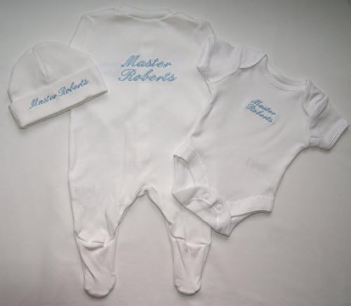 Baby’s Personalised Birth keepsake Bundle Hat, Vest, Baby grow (0-3 Months)