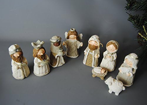 Christmas Festive Cream and Gold Childrens Nativity Scene Set - Knit style Resin