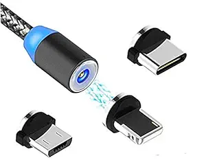 Rhymestore Magnetic USB Charging Cable,Multi 3-in-1 Cable Charger with LED for Android, All Type C Mobiles and iOS Mobiles Fast Charging Cable - Color May Vary