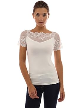 PattyBoutik Damen eleganter Raglan U-Ausschnitt Top mit geblümten Spitzen-Einsatz und kurzen Ärmeln