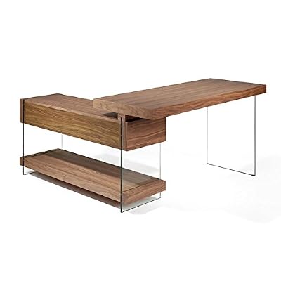 Tousmesmeubles Bureau 2 tiroirs Noyer/Verre - Levity - L 140 x l 130 x H 75 - Neuf