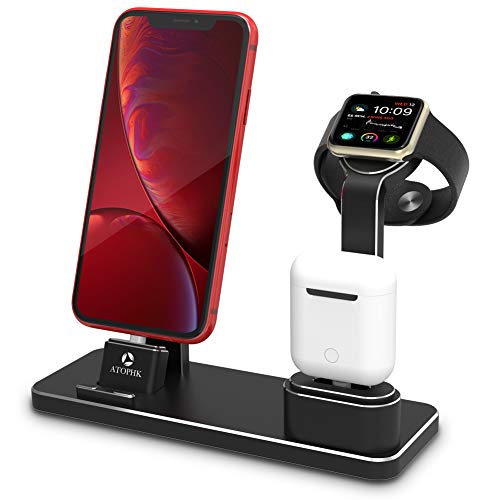 ATOPHK Aluminium Regarder Charge Supporter pour AirPods Chargeur Quais Station Compatible pour Apple Regarder 4/3/2/1/AirPods/iPhone xs max/xs / xr/x / 8/8 plus / 7/7 plus/ipad (101-noir)