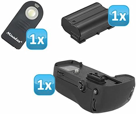 Minadax Pro Battery Grip for Nikon D7100 replaces MB-D15 for Replacement Battery EN-EL15/6x AA Batteries with 1x EN-EL15 Replica Battery and 1x Infra-Red Remote Control