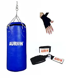 AURION Synthetic Hard Punching/Boxing Bag, 48 inches (UNFILLED) with Hand WRAP