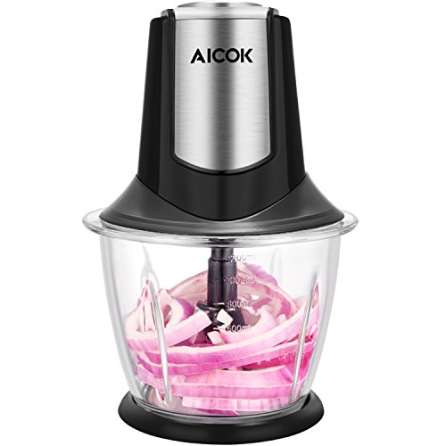 Aicok Picadora Eléctrica Minipicadora para Verdura Fruta y Carne con Recipiente de Cristal 1.2L, 300W, Negro