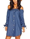 ISASSY Women's Classic Casual Loose Off the Shoulder Long Sleeve Bardot Button Denim Shirt Dress Top Blouse Dark denim XL 16