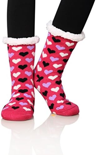 Women's Home Super Soft Warm Winter Fuzzy Snowflake Fleece Lined Crew Slipper Socks (Heart Red)