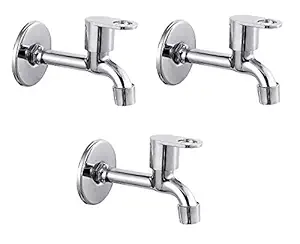 PEFKO Oreo Brass Disk Stainless Steal Long Body Bib Cock Bathroom Taps for Home and Office Combo, Silver & Chrome Finish (with Wall Flange & Teflon Tape) (Pack of - 3)