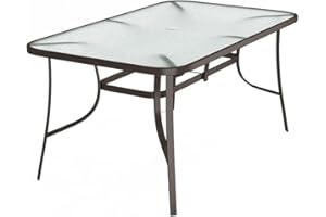 DKIEI Rectangle Outdoor Table Patio Table Garden Dining Table Steel Frame Tempered Glass Top with Umbrella Hole for Yard Bistro Lawn Balcony, Brown, 150x90x72cm
