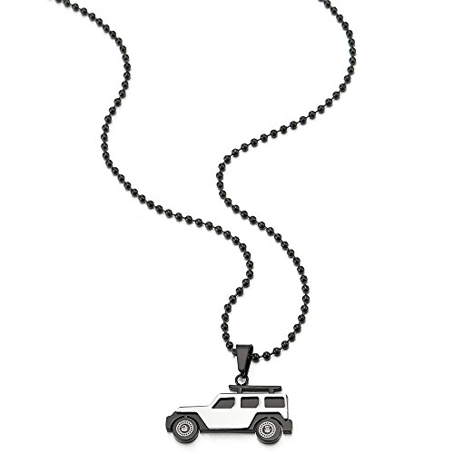 Edelstahl-Silber-Schwarz-Jeep-Suv-Auto-Anhnger-Halskette-mit-Zirkonia-fr-Herren-Jungen-mit-60cm-Stahl-Kugelkette