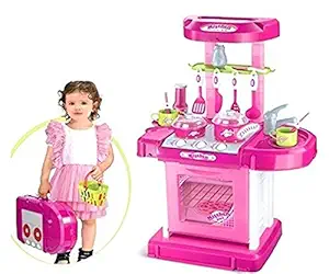 Popsugar - TH008-58 Luxurious Kitchen Play Set with Accessories, Light and Music Toy for Kids, Pink