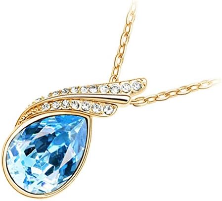 GWG® 18K Gold Plated Inlay Sparkling Turquoise Blue Austrian Main Crystal with 2 Bands Graced with Diamond Clear Stones Water Drop Shaped Pendant Necklace for Women
