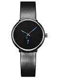 Alienwork Damen-Armbanduhr Quarz schwarz mit Lederarmband Ultra-flach dünn Klassik
