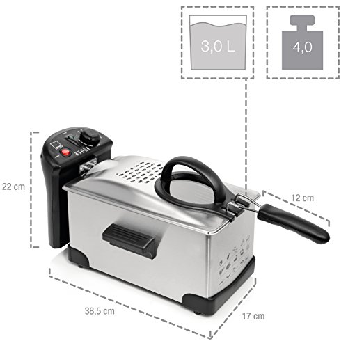 Sänger Fritteuse aus Edelstahl | 2.100 Watt Leistung | 3 Liter Fassungsvermögen | Kaltzonen Friteuse mit stufenlosem Thermostat und Temperaturkontrollleuchte | Deckel verhindert Fettspritzer - 3