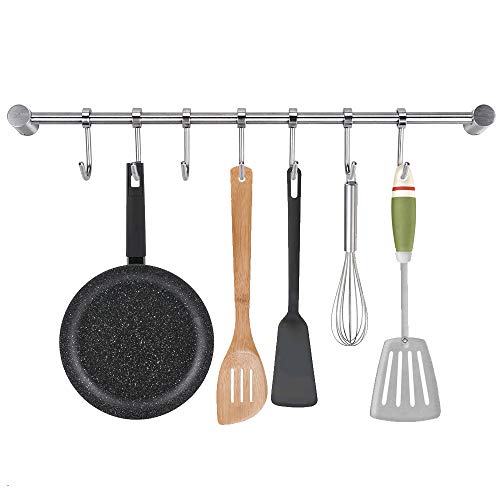 NACTECH Barre Ustensiles de Cuisine Barre Crédence Cuisine en Acier INOX Mural 40cm avec 7 Crochets Amovible pour Suspendre Support Les Ustensiles de Cuisine