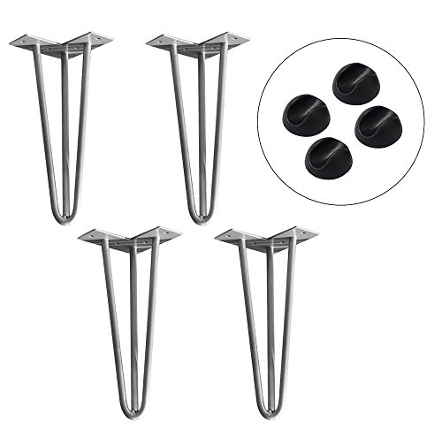 Preisvergleich Produktbild HENGMEI 4x Haarnadel Tischbeine Tischkufen Tischgestell mit Dreifachstab inklusive Freie Bodenschoner für Kaffeetisch, Tisch und Schreibtisch, Silber (30cm)