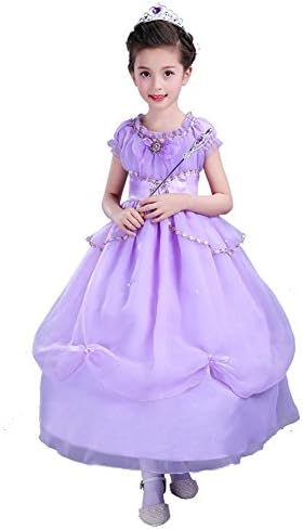 Flower Girls Dress Children Tulle Chiffon Wedding Pageant Birthday Party Princess Kids Bridesmaid Christening Dresses Christmas Halloween Crown Wand Mask . Purple . 100Cm