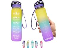 GEMFUL Water Bottle 1L with Time Marker Straw Tritan BPA Free for Fitness Gym and Outdoor Sports