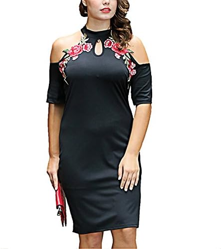 YANXH Clothing Women Embroidery Dress Big Size Short Sleeve Slim Dew Shoulder Embroidered Skirt,Black,XL