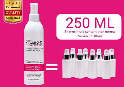250 ML Hyaluronsäure Serum Konzentrat ++KLINIK GRÖSSE++ | NEU | FÜNF Hyaluronsäuren in allergenfreier Pharmaqualität | MADE IN GERMANY | hochdosiertes Hyaluron Anti-Aging Serum Konzentrat | + Vitamin-C PRO | + Clear Skin Complex | ULTIMATE HYALURONIC PENTA COMPLEX | JAHRES-VORRAT | Anti Aging Serum Gel gegen Falten | 5 HYALURON-SAEUREN unterschiedlicher Molekulargewichte plus quervernetzter Hyaluronsäure | +++ SCHNELL zugreifen +++ - 4