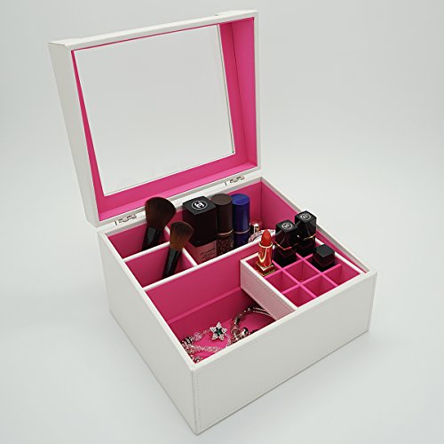4Queens XXL Sexy Schwarz/Rosarot Holz Leder Kosmetikorganizer Kosmetikbox Kosmetik Ständer Kosmetik Aufbewahrung Schmuckaufbewahrung Schmuckkasten Schminkkasten Schminkbox Schmink Aufbewahrung Makeup Aufbewahrung Makeup Box mit sichtbarem Fenstern LxBxH: 25*22*15cm (Weiß/Rosarot) - 2
