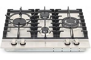 Kaiser Plaque de cuisson en acier inoxydable 60 cm, autosuffisante / gaz / fabricant de luxe / boutons rotatifs ergonomiques en acier inoxydable / plaque de cuisson avec 4 brûleurs de grande qualité et 1 brûleur turbo à 3 circuits (3,8 kW) avec adaptateur wok en fonte / plaque de cuisson au gaz / électrique / réchaud à gaz / support de casserole et couvre-brûleurs massifs en fonte / plaques de cuisson à effet antitactile / sécurité de l’allumage thermoélectrique avec contrôle du gaz / gaz naturel et gaz propane