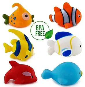 Supreme Deals Non-Toxic Bath Toys for New Born Baby - Soft Rubber Float Mix Cute Fish Swimming Water Bath Toys for Kids Set of 6 PCS- Chu Chu Combo (BPA Free)