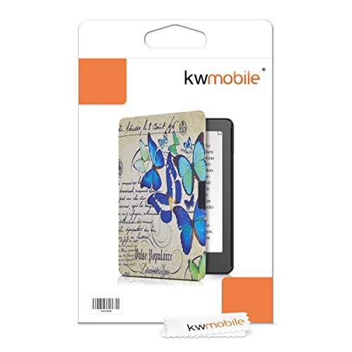 kwmobile Hülle für Kobo Aura Edition 2 – Flipcover Case eReader Schutzhülle – Bookstyle Klapphülle Schmetterlinge Schrift Design Blau Mintgrün Beige - 7