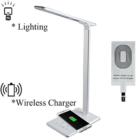 LED Desk Lamp with Qi Wireless Charger Pad, Dimmable Folding Bedside table Lamp - 4 Lighting Modes, 5-Level Dimmer Touch - Sensitive Control - USB Charging Port - Timer Poweroff (White, Shipped with Charging Receiver for iPhone)