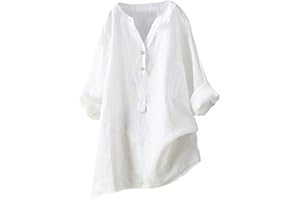 SCBFDI Chemisier Femme Chic et élégant, Chemise Lin Femme 2024 Printemps Eté Chic T-Shirt Manches Longues Col V Bouton Tshirt Couleur Unie Lâche Respirant Coton Lin Tunique Grande Taille Pas Cher Top