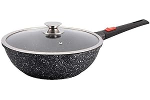 PRADEL LUXE PL PRADEL LUXE- Wok 30 cm - Manche Amovible - Fonte d'Aluminium - Revêtement pierre - Couvercle en Verre - Tous Feux dont Induction - Sans PFOA
